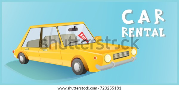 Yellow car. Car rent new, with mileage, car\
purchase, car discounts. Cartoon style isolated illustration on a\
blue background