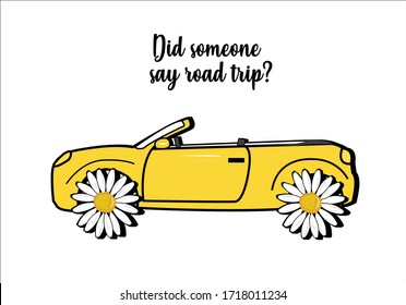 yellow car retro with quote lettering daisy an vintage car hand drawn design  fashion style motivational quote stationery