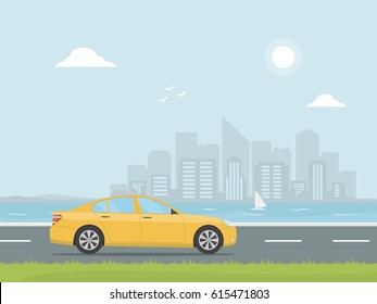 Yellow car rides on a highway with background of skyscrapers. Banner concept design road trip. Travel by car. Vector illustration in flat style.