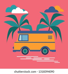 Yellow car rides on the road past the palm trees. There are beautiful clouds in the sky.