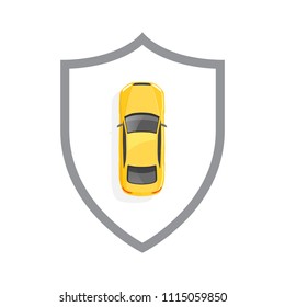 Yellow car and shield. Car security / insurance concept. Vector illustration