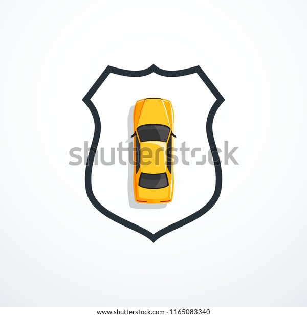 Yellow car and shield. Car security /\
insurance concept. Vector\
illustration