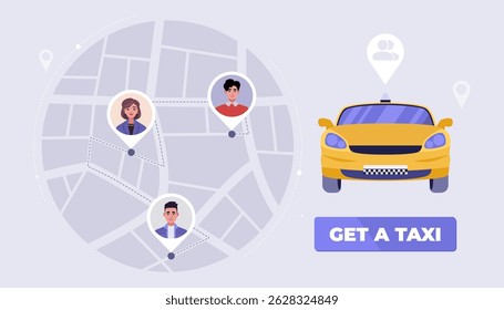 A yellow car is shown on a map with three people in the background. Taxi sharing. Vector illustration in a flat style
