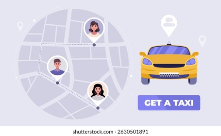 A yellow car is shown on a map with three people in the background. Taxi sharing. Vector illustration in a flat style