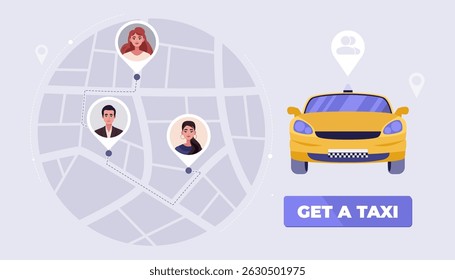 A yellow car is shown on a map with three people in the background. Taxi sharing. Vector illustration in a flat style