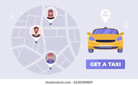 A yellow car is shown on a map with three people in the background. Taxi sharing. Vector illustration in a flat style