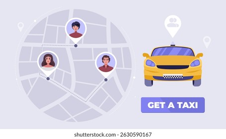 A yellow car is shown on a map with three people in the background. Taxi sharing. Vector illustration in a flat style