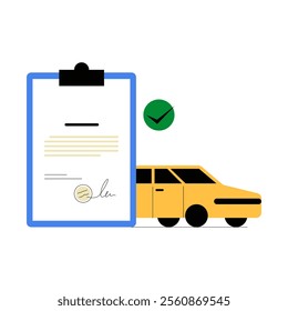 Yellow Car And Signed Document On Clipboard In Flat Vector Illustration Symbolizing Legal Agreement, Insurance, And Ownership, Isolated On White Background.