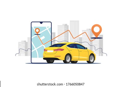 Yellow car, smartphone with route and points location on a city map on the urban landscape background. Car and satellite navigation systems concept vector illustration.