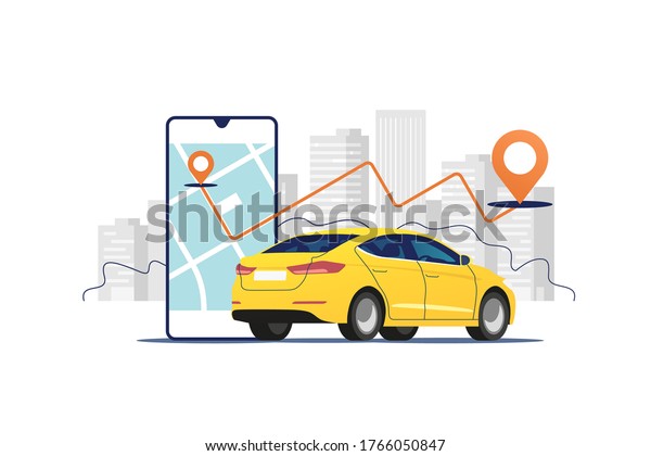 Yellow car, smartphone with\
route and points location on a city map on the urban landscape\
background. Car and satellite navigation systems concept vector\
illustration.