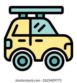 Yellow car sporting a solar panel on its roof, representing sustainable transportation and eco conscious travel