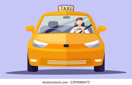 Gelbes Auto, gelbes Taxi, Fahrer auf dem Vordersitz. Vordere Sicht auf ein Taxi. City Taxi Service, Transfer, Personenbeförderung, Fahrzeug, Hackney-Beförderung. Vektorgrafik auf glänzendem Hintergrund.