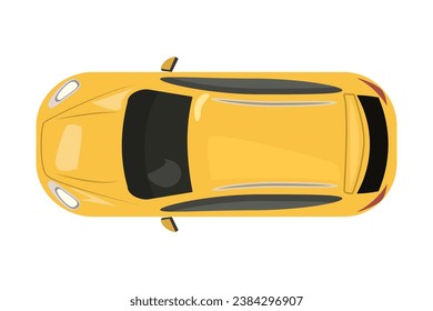 Gelber Wagen von der Draufsicht einzeln auf weißem Hintergrund. Lieferung Automobil. Sedan-Symbol. Fahrzeugüberlastung. Kleiner Suv. Stadtverkehr. Autovermietung oder Versicherung. Stock-Vektorgrafik