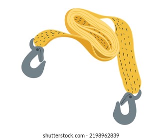 Yellow car tow rope
with hooks isolated on white background. Part of a car emergency kit. Vector illustration