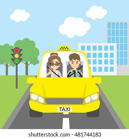 Yellow car for urban service. Angry male driver and talking female passenger. Woman talking over the telephone.