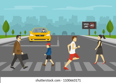 Yellow car waiting in front of stop line while group of people crossing road on zebra crossing. Pedestrians. Flat vector illustration.