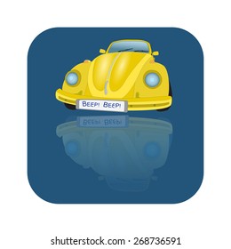 Yellow car with windows, lights, wheels reflecting on blue background