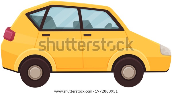 Yellow car without driver. Hatchback, smart,\
passenger car. Automobile with clear glass for trips. Transport\
with four doors for driving along city roads. Yellow vehicle,\
hatchback on white\
background