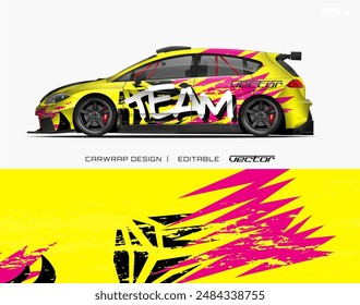 Yellow car wrap design with pink and black accents suitable for vehicle customization and advertising on the road. Eyecatching and vibrant.