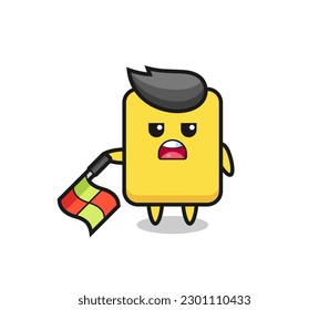 yellow card character as line judge hold the flag down at a 45 degree angle , cute style design for t shirt, sticker, logo element