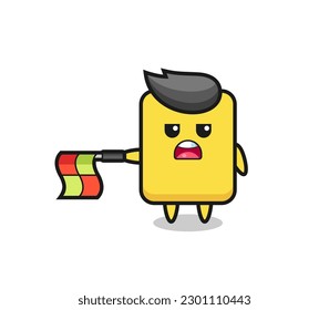 yellow card character as line judge hold the flag straight horizontally , cute style design for t shirt, sticker, logo element