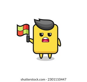 yellow card character as line judge putting the flag up , cute style design for t shirt, sticker, logo element