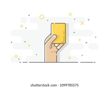 Yellow card in hand. Referee hand holding yellow card. Trendy flat vector on white background.