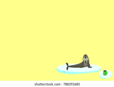 Yellow card template with a cute walrus resting with a cup of tea