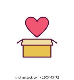 Yellow cardboard Box with Red Heart vector icon. Valentine's Day creative sign