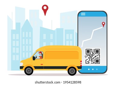 A yellow care with driver in the mask, delivery service concept, city navigation, flat vector illustration