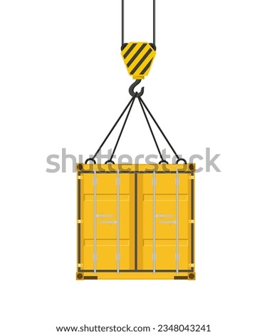 Yellow cargo container door hanging on a crane hook. Crane hook. Vector illustration isolated on a white background.	

