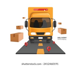 Yellow cargo truck drive on the road to deliver goods to customers according to red pin markers location and parcel boxes or cardboard boxes floating in air around, vector 3d for delivery, transport