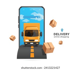 Yellow cargo truck drives on road to deliver goods to customers and all display front smartphone screen and parcel box or cardboard box floating in air around for delivery, online shopping concept