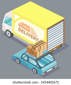 Yellow cargo truck and small blue passengerr car with parcels or cartboard boxes. Transportation and delivery services, logistics, vector illustration