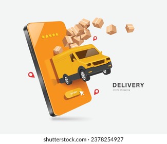 yellow cargo truck or van with cardboard boxes or parcels box is seen driving away from a smartphone after a customer places an order, vector 3d isolated for delivery, online shopping concept design