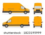 Yellow cargo van for delivery goods in differents view side, back, front. Vector illustration.
