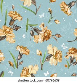 Gelbe Nelken auf blauem Hintergrund mit Schmetterlingen. Blumenvintage nahtloses Muster.