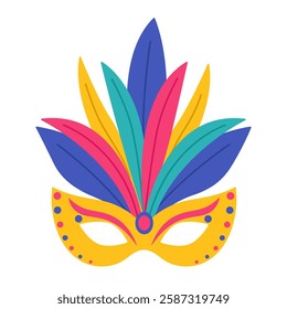 Yellow carnival face mask with decorations and colorful feathers. Masquerade accessory. Masque for Brazil carnival, Venetian carnival, Mardi Gras. Vector flat illustration isolated on white background