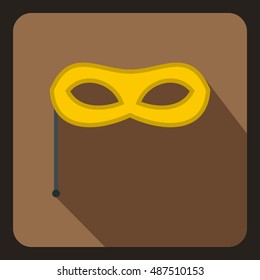 Yellow carnival mask on stick icon in flat style on a coffee background vector illustration