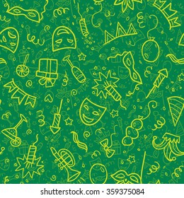 Yellow carnival symbols in doodle style on green background, vector seamless pattern