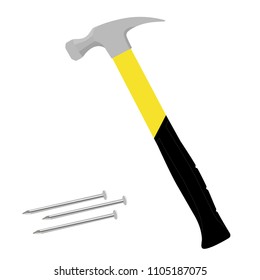 Yellow carpenter hammer and three nails vector icon set. Worker equipment, tools