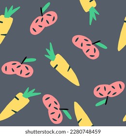 Yellow carrots and red dotted apples on dark background seamless pattern. 