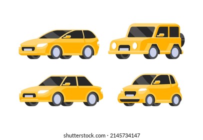 Colección de iconos de coches amarillos. Ilustración vectorial en estilo plano. Concepto de transporte de coches y vehículos. Aislado sobre fondo blanco. Conjunto de modelos diferentes de automóviles