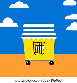 A yellow cart with a black shopping cart on wheels,  basket purchase in online shop background, trolley cart symbol for banner e-commerce, cart simple flat advertising