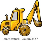 Yellow cartoon backhoe loader with digging arm side view
