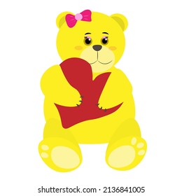 The yellow cartoon bear is full-length, sitting and hugging the red heart. Vector illustration, isolated on white background.