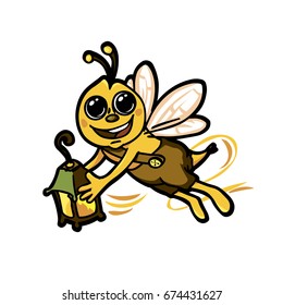 Yellow cartoon bee holding a medieval lamp
