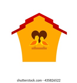 Yellow Cartoon birdhouse with birds. Two birds  singing a song of love. 
Spring season. Symbol of family, love and prosperity. A vivid illustration of a happy family 
life. Stock vector