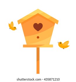 Yellow Cartoon Birdhouse On A White Background With Two Birds. Isolate. Bird House With 
The Heart. Symbol Of Family Happiness. Stock Vector