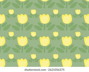 Flores de tulipa florescentes de desenhos animados amarelos. Padrão de vetor sem emenda bonito e encantador para design e decoração .